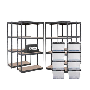 4x VRS Shelving Units - 1600mm High - Grey with 8x 24L Strata Plastic Storage Boxes