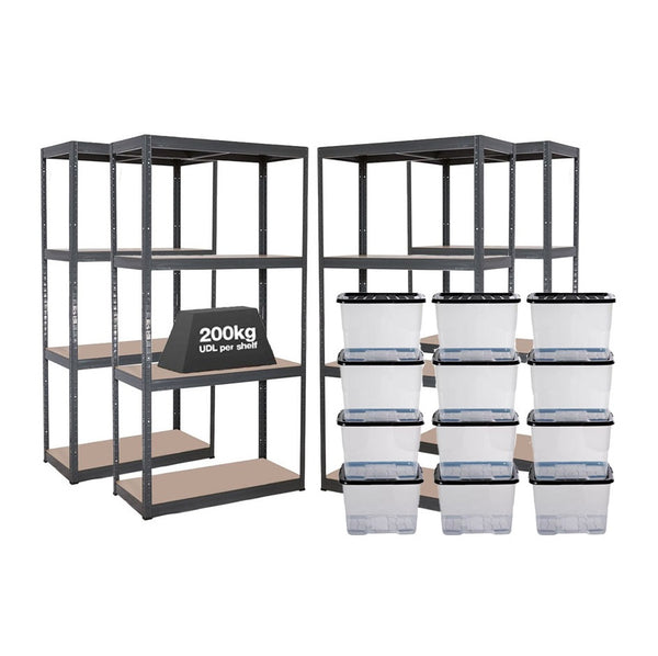 4x VRS Shelving Units - 1600mm High - Grey with 12x 24L Strata Plastic Storage Boxes