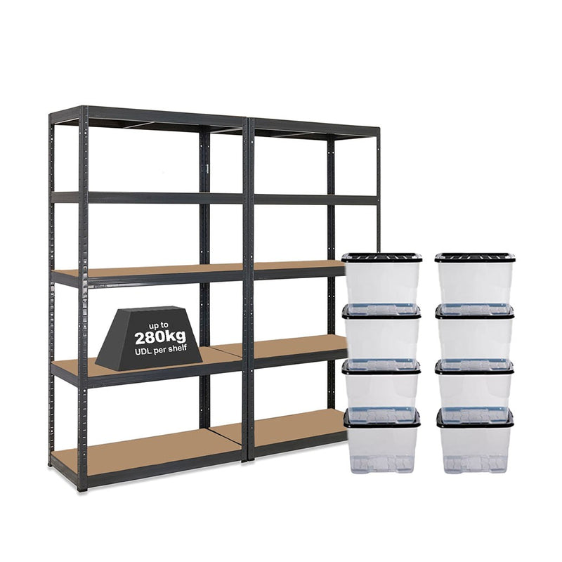 2x VRS Shelving Units - 1800mm High - Grey with 8x 24L Strata Plastic Storage Boxes