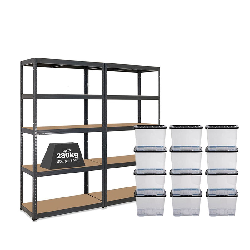 2x VRS Shelving Units - 1800mm High - Grey with 12x 24L Strata Plastic Storage Boxes