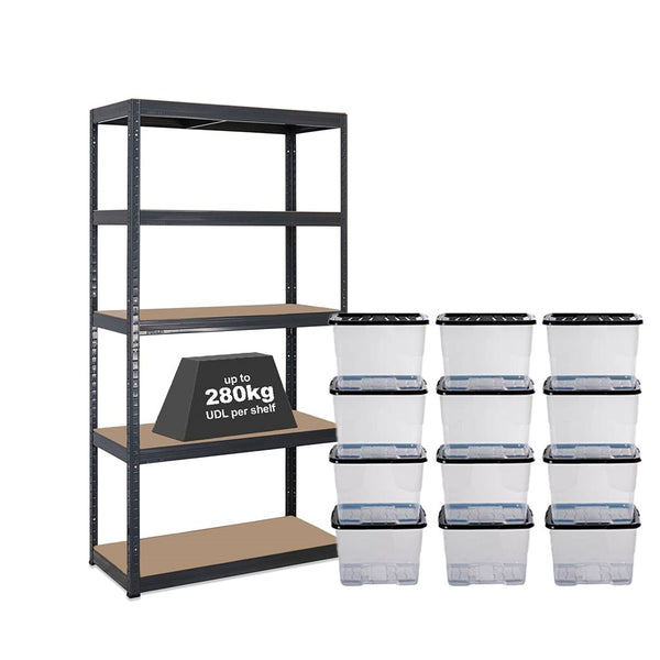 1x VRS Shelving Unit - 1800mm High - Grey with 12x 24L Strata Plastic Storage Boxes