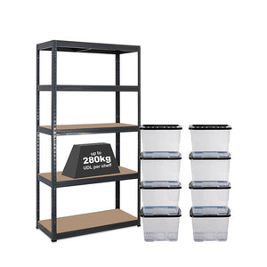 1x VRS Shelving Unit - 1800mm High - Grey with 8x 24L Strata Plastic Storage Boxes