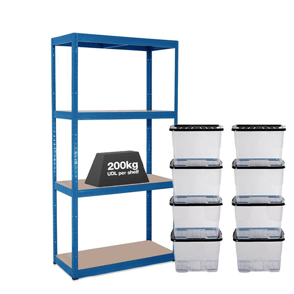 1x VRS Shelving Unit - 1600mm High - Blue with 8x 24L Strata Plastic Storage Boxes