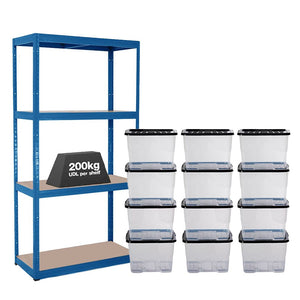 1x VRS Shelving Unit - 1600mm High - Blue with 12x 24L Strata Plastic Storage Boxes