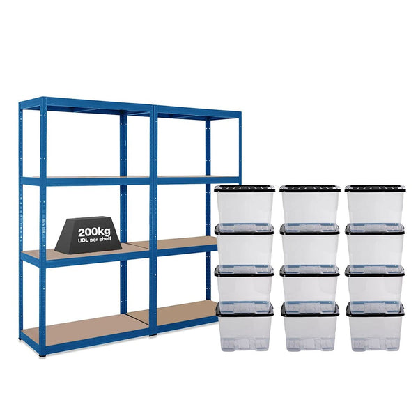 2x VRS Shelving Units - 1600mm High - Blue with 12x 24L Strata Plastic Storage Boxes