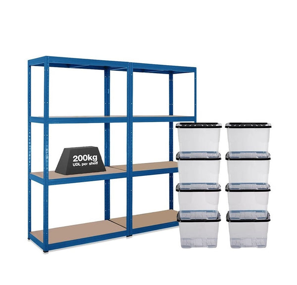 2x VRS Shelving Units - 1600mm High - Blue with 8x 24L Strata Plastic Storage Boxes