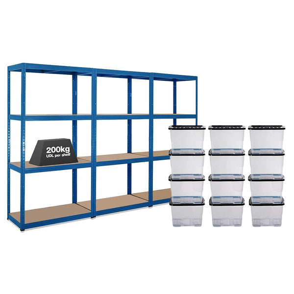 3x VRS Shelving Units - 1600mm High - Blue with 12x 24L Strata Plastic Storage Boxes