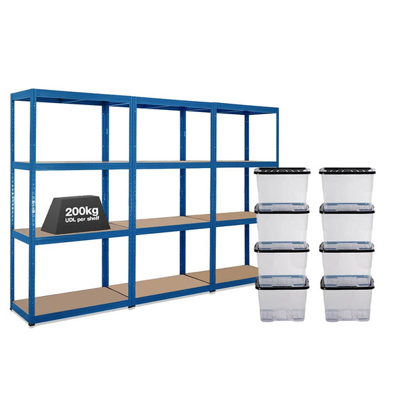 3x VRS Shelving Units - 1600mm High - Blue with 8x 24L Strata Plastic Storage Boxes