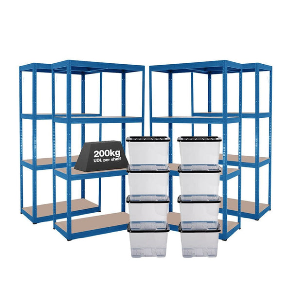 4x VRS Shelving Units - 1600mm High - Blue with 8x 24L Strata Plastic Storage Boxes