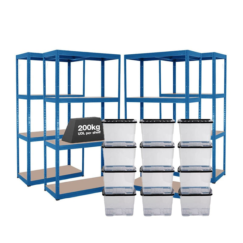 4x VRS Shelving Units - 1600mm High - Blue with 12x 24L Strata Plastic Storage Boxes