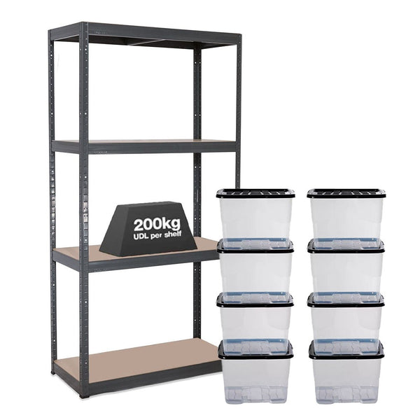 1x VRS Shelving Unit - 1600mm High - Grey with 8x 24L Strata Plastic Storage Boxes