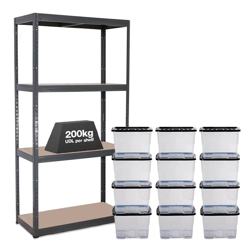 1x VRS Shelving Unit - 1600mm High - Grey with 12x 24L Strata Plastic Storage Boxes