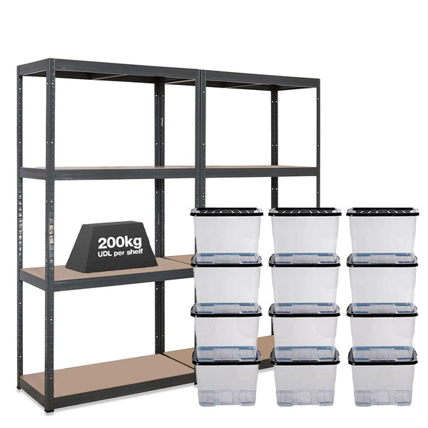 2x VRS Shelving Units - 1600mm High - Grey with 12x 24L Strata Plastic Storage Boxes