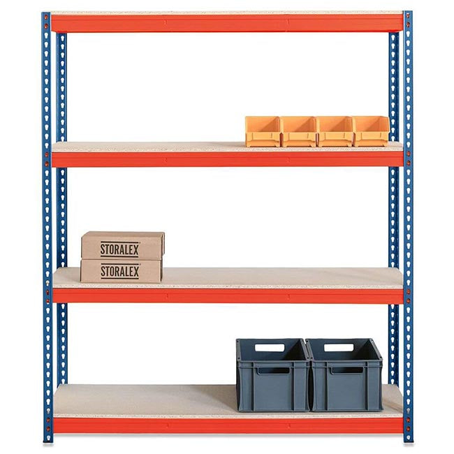 2x CRW Heavy Duty Shelving - 2200mm High - Blue & Orange with 12x 37L Wham DIY Plastic Storage Boxes