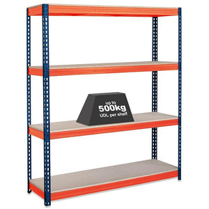 1x CRW Heavy Duty Garage Shelving - 2200mm High - 500kg - Blue & Orange