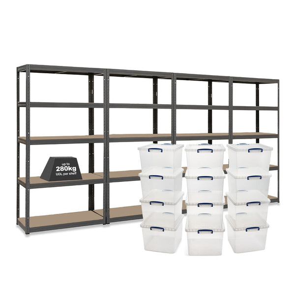 4x VRS Shelving Units - 1800mm High - Grey with 12x 33.5L Really Useful Boxes