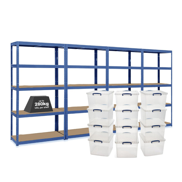 4x VRS Shelving Units - 1800mm High - Blue with 12x 33.5L Really Useful Boxes